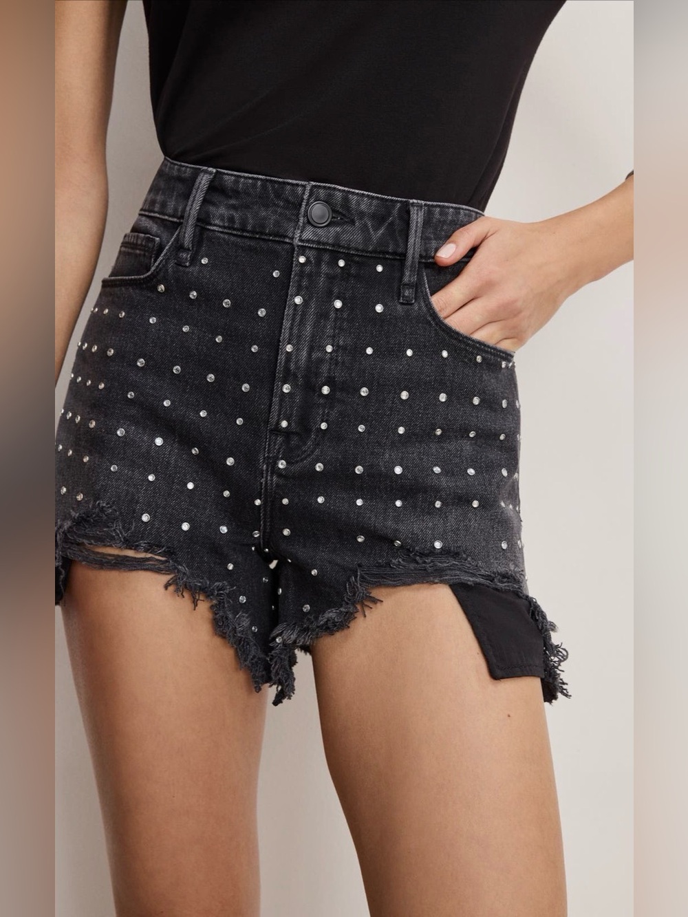 Good American Bombshell Crystal
Embellished Destroyed Cutoff Denim Shorts (Plus,